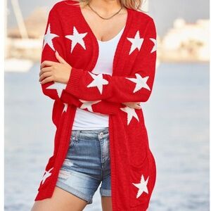 BOSTON PROPER Red Star Open Front Cardigan with Pockets Size XL